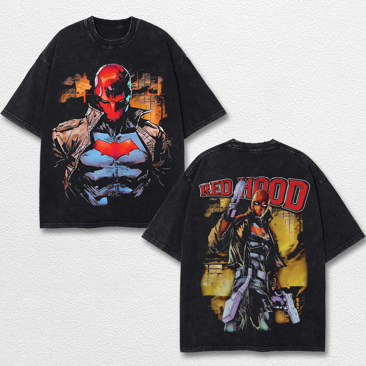 Red Hood Hero Comic Double Printed Oversize Lightweight Acid Washed Tee, Character Marrvel Comics TV Series Graphic Design Unisex Top Cotton Streetwear T-Shirt Clothes Menswear