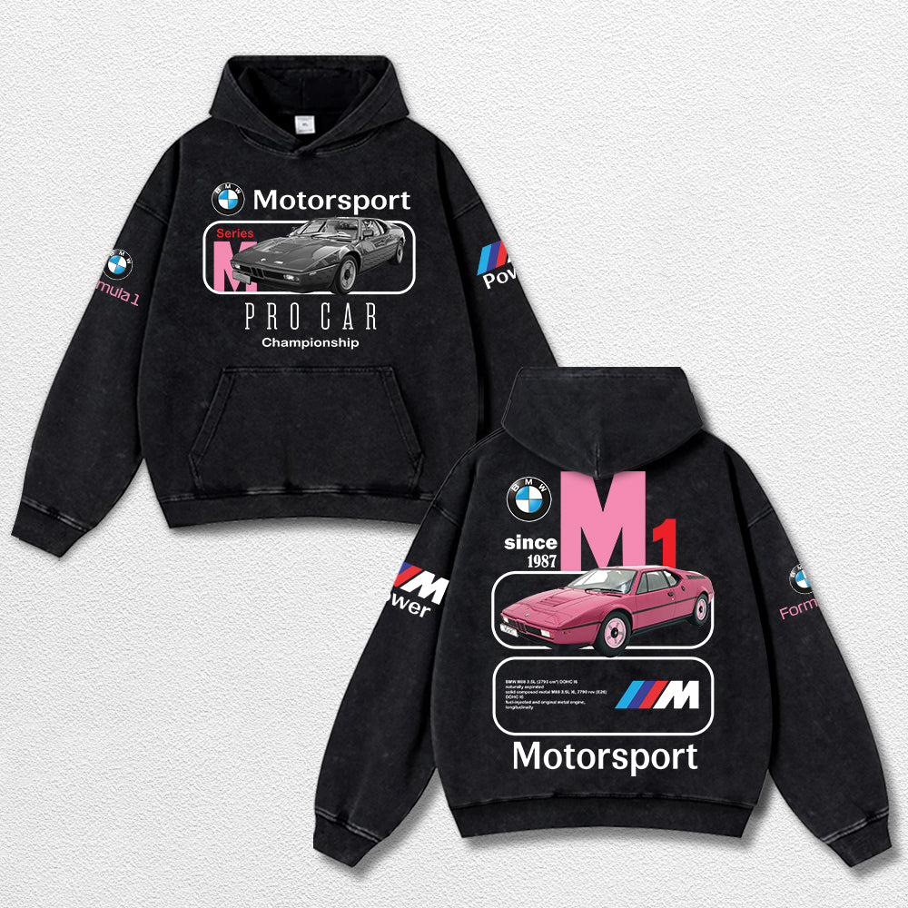 Retro BMW M1 Motosport Racing Washed Hoodie Fomula 1 World Champion Enthusiast Apparel Streetwear Racing Team Super Motorsports Clothing Riders Motocross Off-Road Dirt Bike Fan Gear Cotton For Moto Fan
