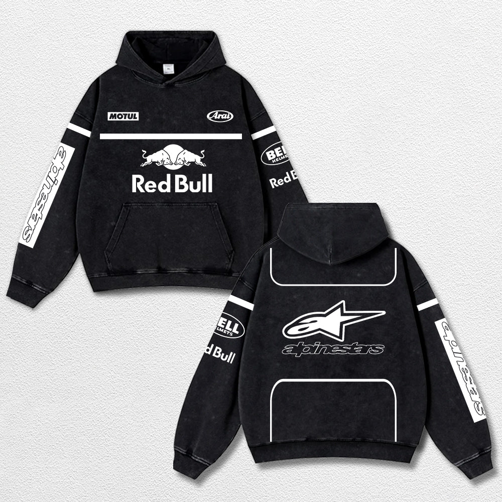 Retro Alpinestars Red Bull White Racing Washed Hoodie MotoGP World Champion Enthusiast Apparel Streetwear Racing Team Super Motorsports Clothing Riders Motocross Off-Road Dirt Bike Fan Gear Cotton For Moto Fan