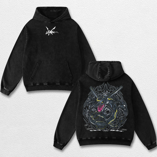 Retro Rayquaza - Pokemon Oversize Lightweight Acid Washed Hoodie Sweatshirt Tee, Anime Graphic Design Unisex Top Cotton Streetwear Shirt Clothes