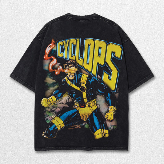 Cyclop Xmen Hero Comic Double Printed Oversize Lightweight Acid Washed Tee, Character Marrvel Comics TV Series Graphic Design Unisex Top Cotton Streetwear T-Shirt Clothes Menswear