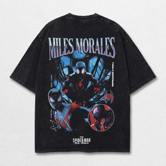 Miles Morales Spider-Verse Hero Comic Double Printed Oversize Lightweight Acid Washed Tee, Character Marrvel Comics TV Series Graphic Design Unisex Top Cotton Streetwear T-Shirt Clothes Menswear