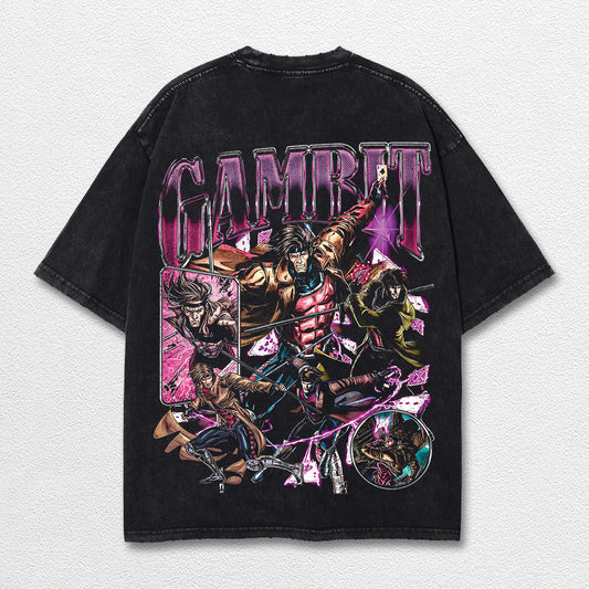 Gambit Xmen Hero Comic Double Printed Oversize Lightweight Acid Washed Tee, Character Marrvel Comics TV Series Graphic Design Unisex Top Cotton Streetwear T-Shirt Clothes Menswear
