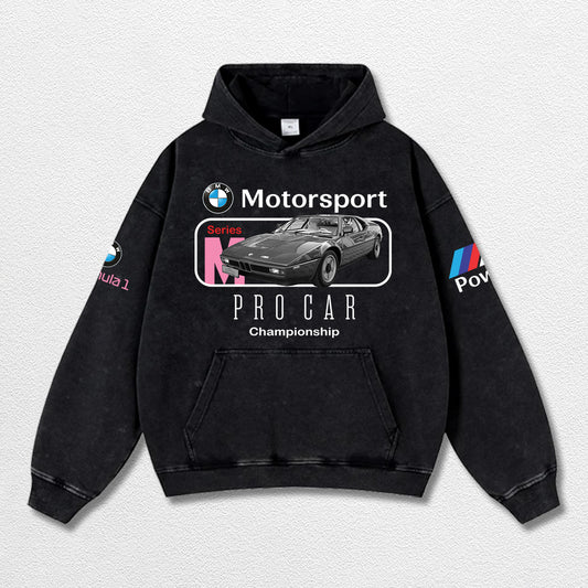 Retro BMW M1 Motosport Racing Washed Hoodie Fomula 1 World Champion Enthusiast Apparel Streetwear Racing Team Super Motorsports Clothing Riders Motocross Off-Road Dirt Bike Fan Gear Cotton For Moto Fan