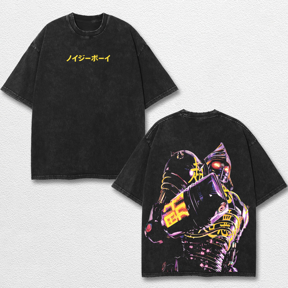 Retro Noisy Boy Shirt – Real Steel Robot Graphic Tee, Neon Cyberpunk Mecha Boxing Robot T Shirt, Japanese Text Streetwear Design, Retro Sci Fi Oversized Washed Unisex Tee, TV Movie Inspired Merch, Gift for Robot Fan