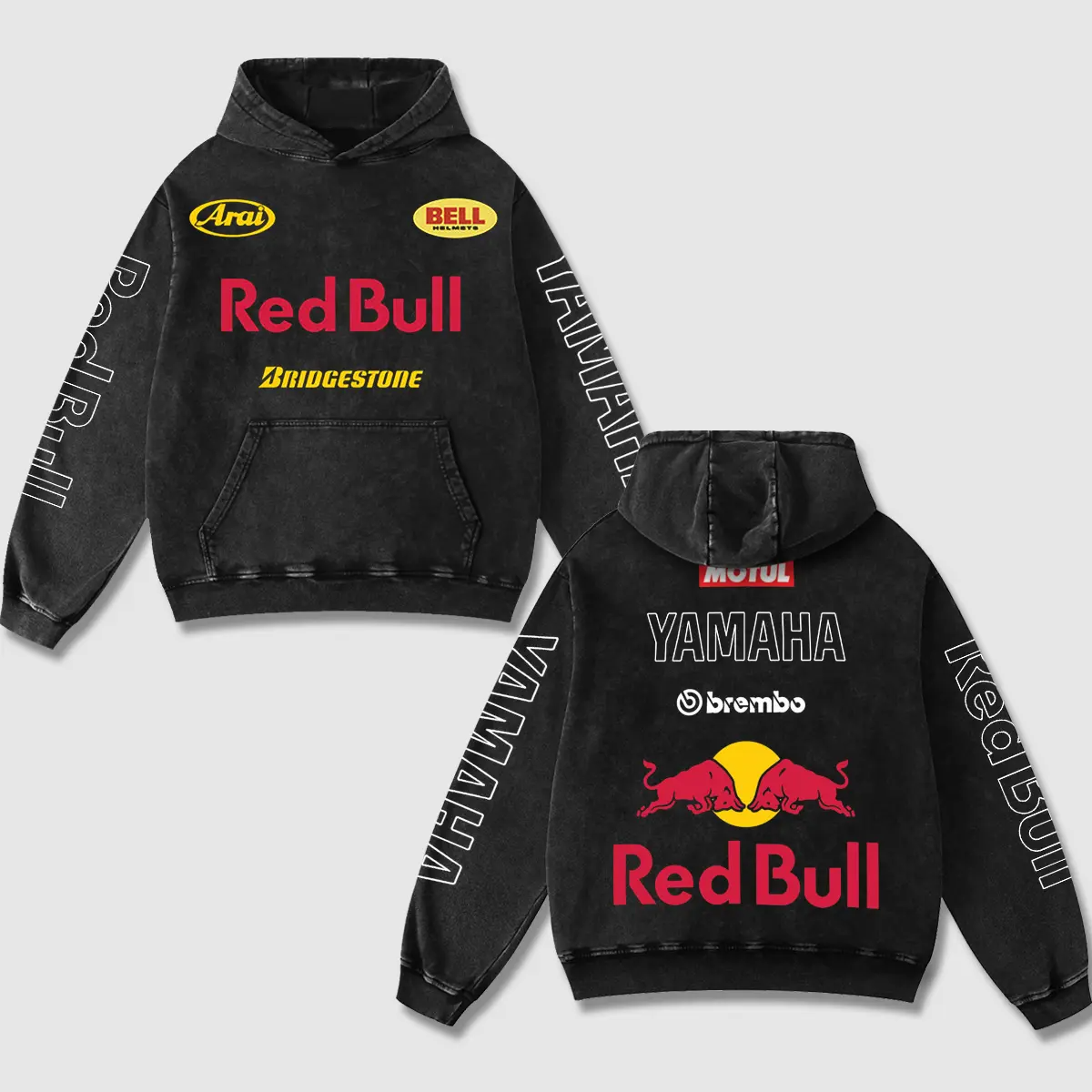 Redbull x Yamaha Biker Hoodie Washed Vintage MotoGP Racing Streetwear, Motorcycle Graphic Hoodie Unisex, Designed for Motor Fans, Sportbike Culture, Speed Lovers & Urban Motorbike Style