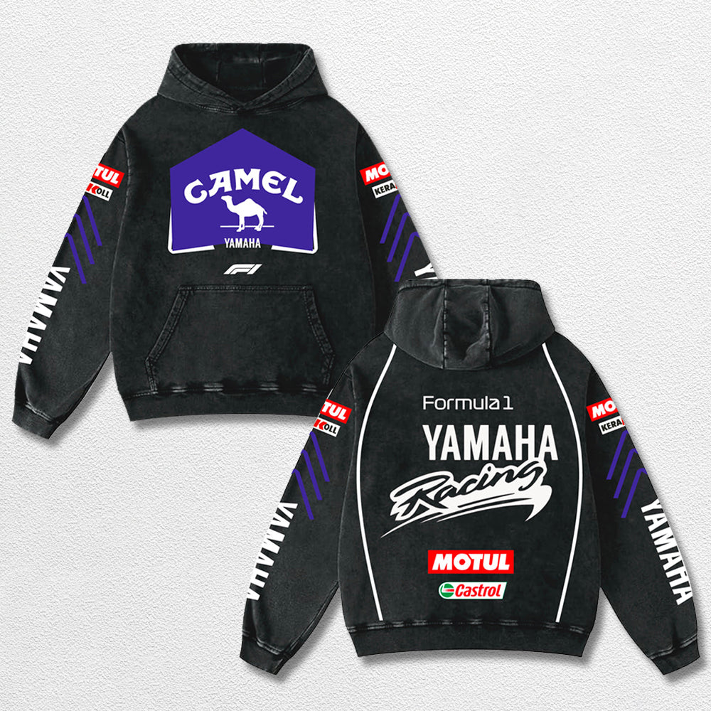 Retro Camel Yamaha Racing Washed Hoodie Formula 1 World Champion Enthusiast Apparel Streetwear Racing Team Super Motorsports Clothing Riders Motocross Off-Road Dirt Bike Fan Gear Cotton For Moto Fan