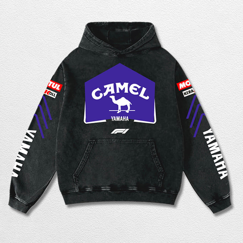 Retro Camel Yamaha Racing Washed Hoodie Formula 1 World Champion Enthusiast Apparel Streetwear Racing Team Super Motorsports Clothing Riders Motocross Off-Road Dirt Bike Fan Gear Cotton For Moto Fan