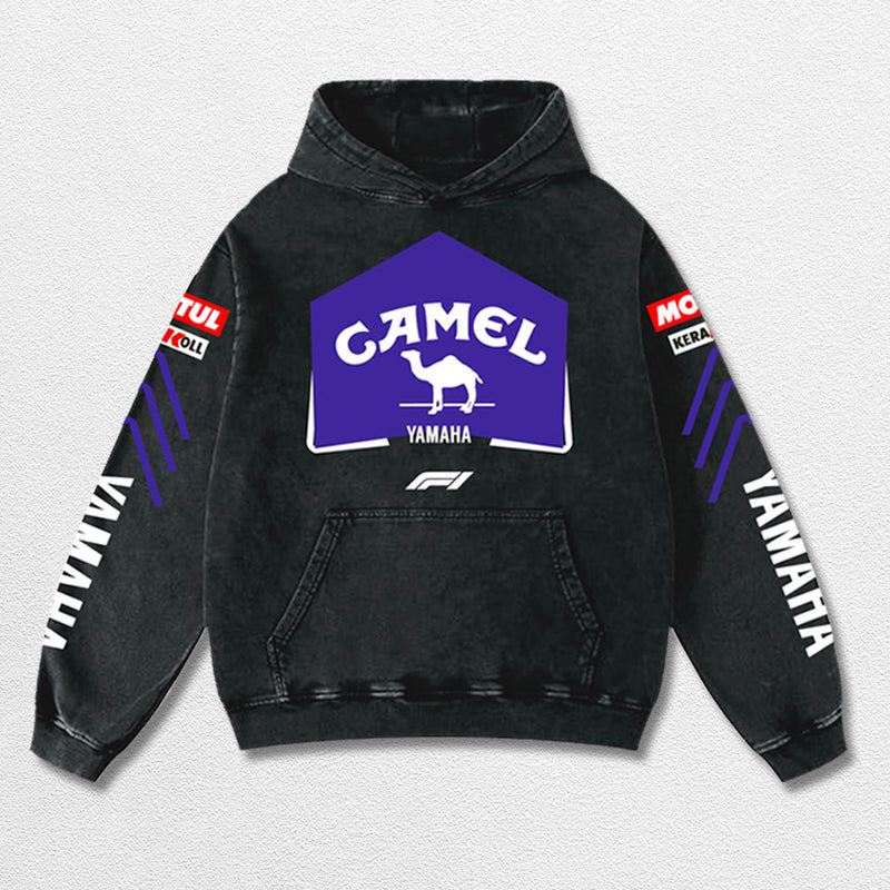 Retro Camel Yamaha Racing Washed Hoodie Formula 1 World Champion Enthusiast Apparel Streetwear Racing Team Super Motorsports Clothing Riders Motocross Off-Road Dirt Bike Fan Gear Cotton For Moto Fan