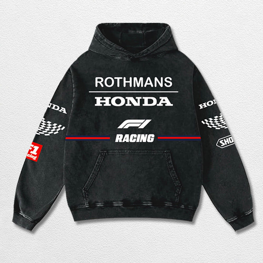 Retro Rothmans Honda HRC Racing Washed Hoodie Formula 1 World Champion Enthusiast Apparel Streetwear Racing Team Super Motorsports Clothing Riders Motocross Off-Road Dirt Bike Fan Gear Cotton For Moto Fan
