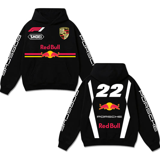 Retro Porsche Red Bull 22 Racing Hoodie Black Acid Washed, F1 Shoei Grand Prix Enthusiast, Motorsport Biker Graphic Streetwear, Heavyweight Sweatshirt, Retro Moto Gear Apparel Men’s Grunge Y2K Racing Jacket Style Oversized Vintage Clothes