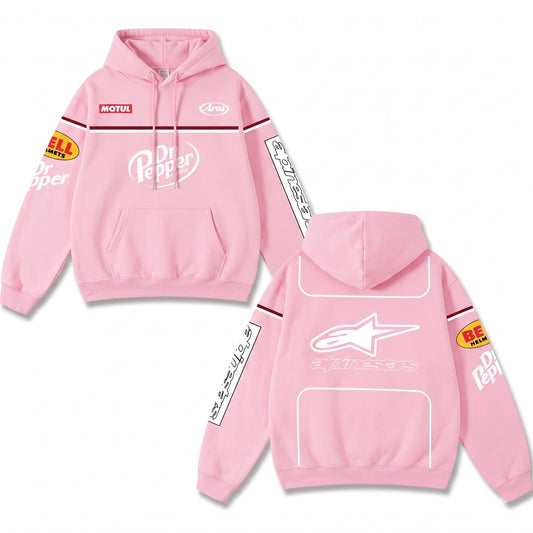 Retro Dr Pepper Alpinestars Racing Hoodie Pink Acid Washed, Motul Arai Bell Helmets Superbike Enthusiast, Motorsport Biker Graphic Streetwear, Heavyweight Sweatshirt, Retro Moto Gear Apparel Men’s Women’s Grunge Y2K Racing Jacket Style Oversized Clothes