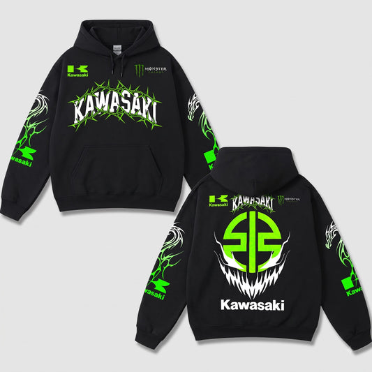 Retro Kawasaki Racing Monster Energy Hoodie Black Acid Washed, Cyber Gothic Thorns Dragon Superbike Enthusiast, Motorsport Biker Graphic Streetwear, Heavyweight Sweatshirt, Retro Moto Gear Apparel Men’s Grunge Y2K Racing Jacket Style Oversized Clothes