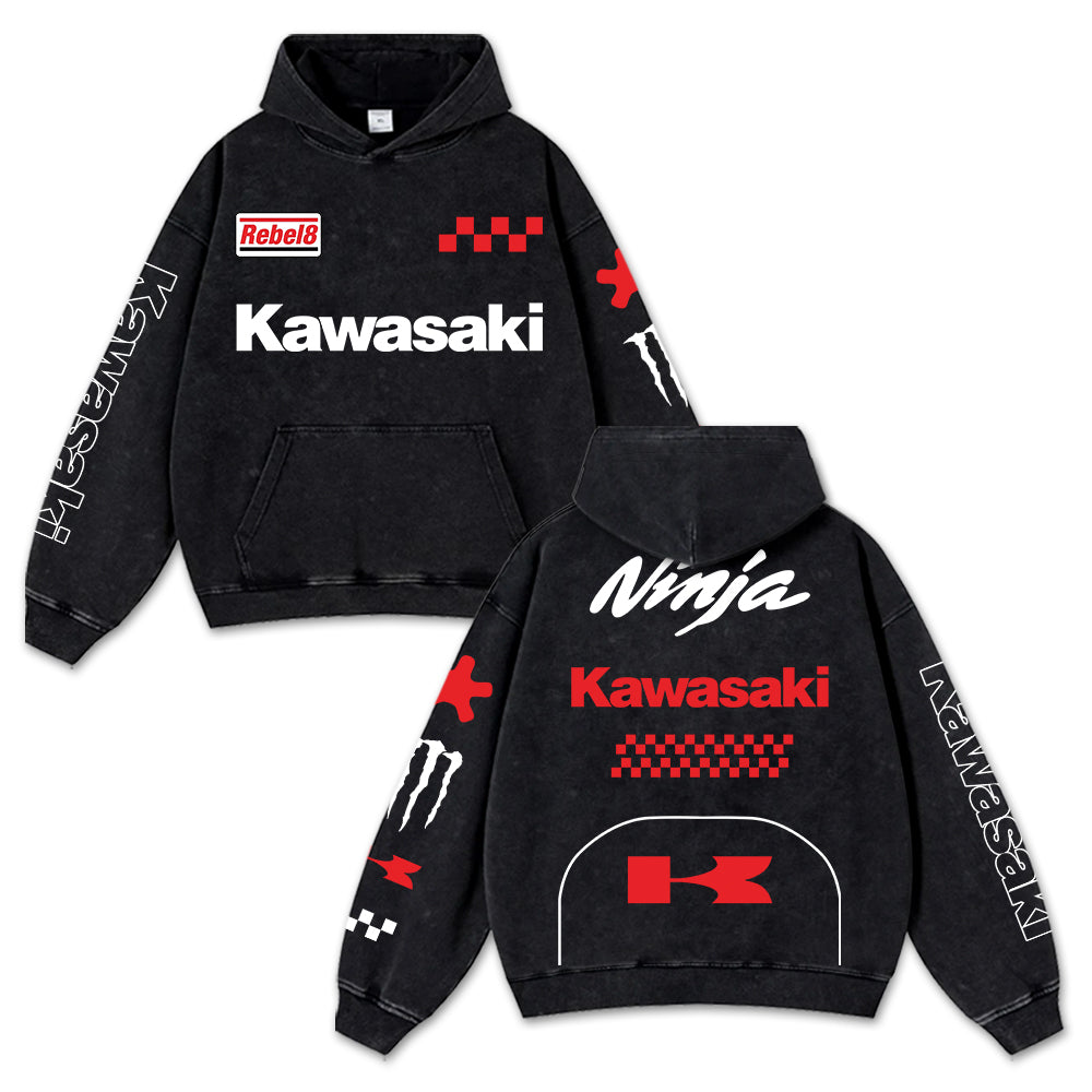 Retro Red Kawasaki Ninja Racing Washed Hoodie MotoGP World Champion Enthusiast Apparel Streetwear Racing Team Super Motorsports Clothing Riders Motocross Off-Road Dirt Bike Fan Gear Cotton For Moto Fan