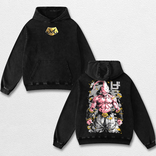 Retro Super Majin Buu - Dragon Ball Z Oversize Lightweight Acid Washed Hoodie Sweatshirt Tee, Anime Graphic Design Unisex Top Cotton Streetwear Shirt Clothes