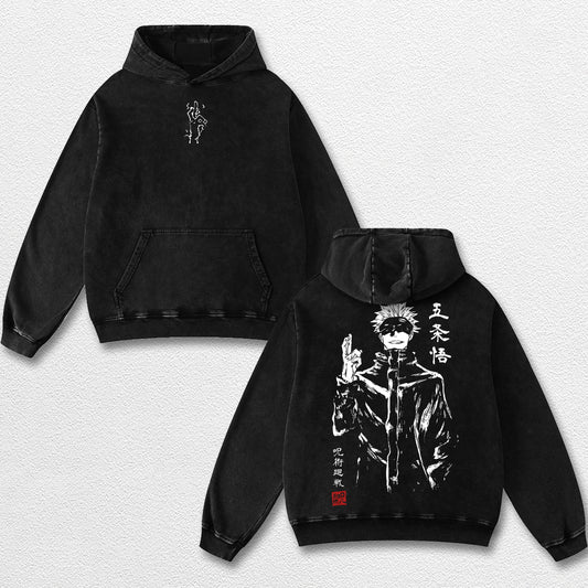 Retro Sumi E Gojo Satoru - Jujutsu Kaisen Oversize Lightweight Acid Washed Hoodie Sweatshirt Tee, Anime Graphic Design Unisex Top Cotton Streetwear Shirt Clothes