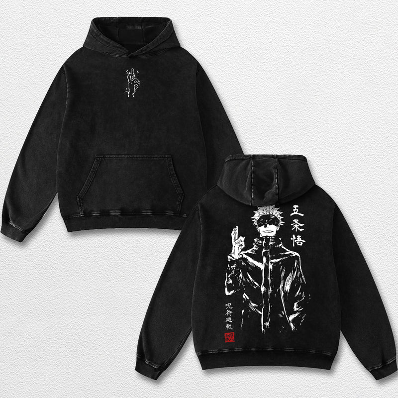 Retro Sumi E Gojo Satoru - Jujutsu Kaisen Oversize Lightweight Acid Washed Hoodie Sweatshirt Tee, Anime Graphic Design Unisex Top Cotton Streetwear Shirt Clothes