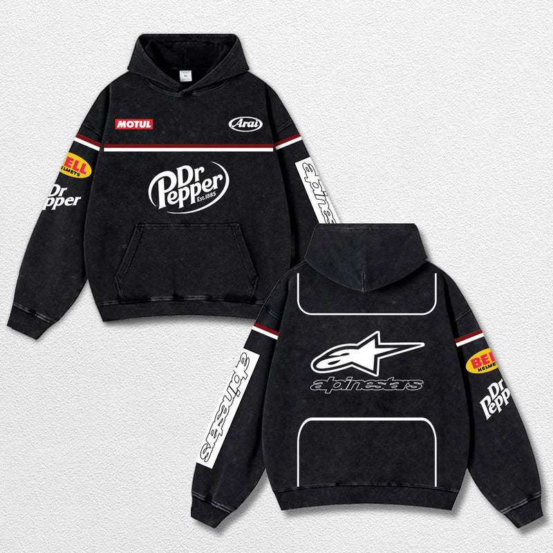 Retro Alpinestars Dr Pepper Racing Washed Hoodie MotoGP World Champion Enthusiast Apparel Streetwear Racing Team Super Motorsports Clothing Riders Motocross Off-Road Dirt Bike Fan Gear Cotton For Moto Fan