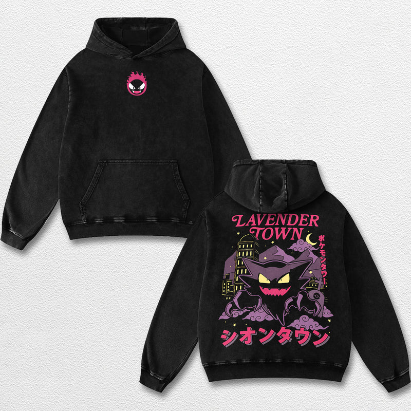 Retro Lavender Town - Pokemon Oversize Lightweight Acid Washed Hoodie Sweatshirt Tee, Anime Graphic Design Unisex Top Cotton Streetwear Shirt Clothes