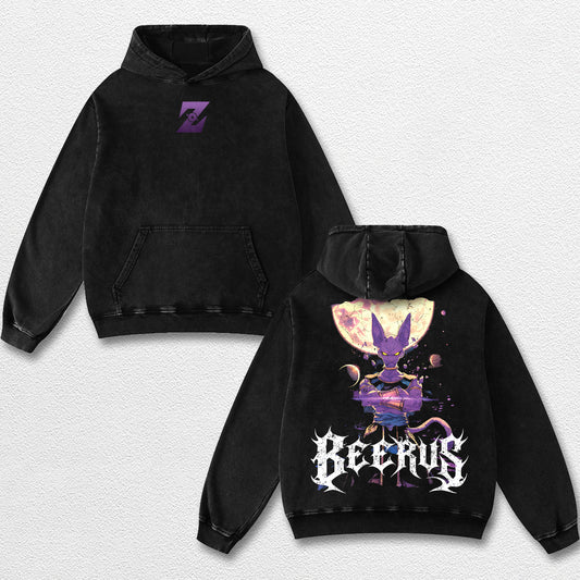 Retro Beerus - Dragon Ball Z Oversize Lightweight Acid Washed Hoodie Sweatshirt Tee, Anime Graphic Design Unisex Top Cotton Streetwear Shirt Clothes