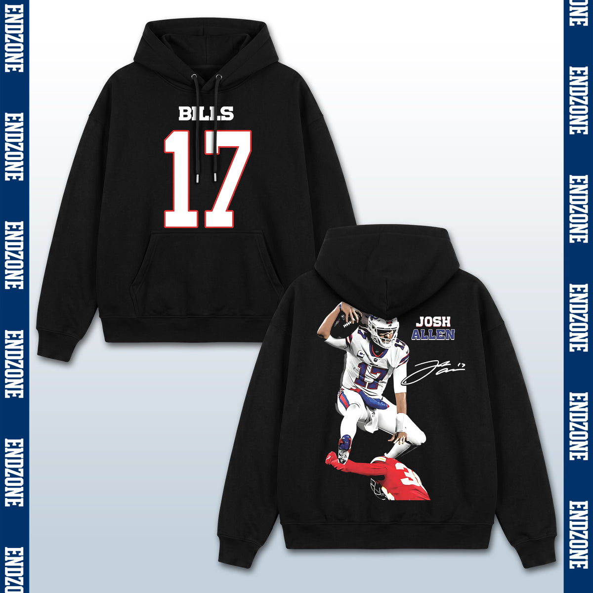 Josh Allen Buffalo Bills #17 Hurdling Tackler Vintage Graphic Hoodie Sweatshirt T-Shirt, NFL Football Season Apparel, J. Allen JA17 MVP Legend Retro Streetwear Tee, Buffalo Football Fan Gift