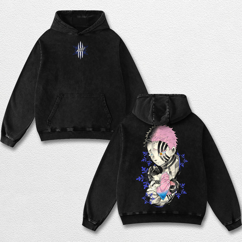 Retro Akaza and Koyuki - Demon Slayer Oversize Lightweight Acid Washed Hoodie Sweatshirt Tee, Anime Graphic Design Unisex Top Cotton Streetwear Shirt Clothes