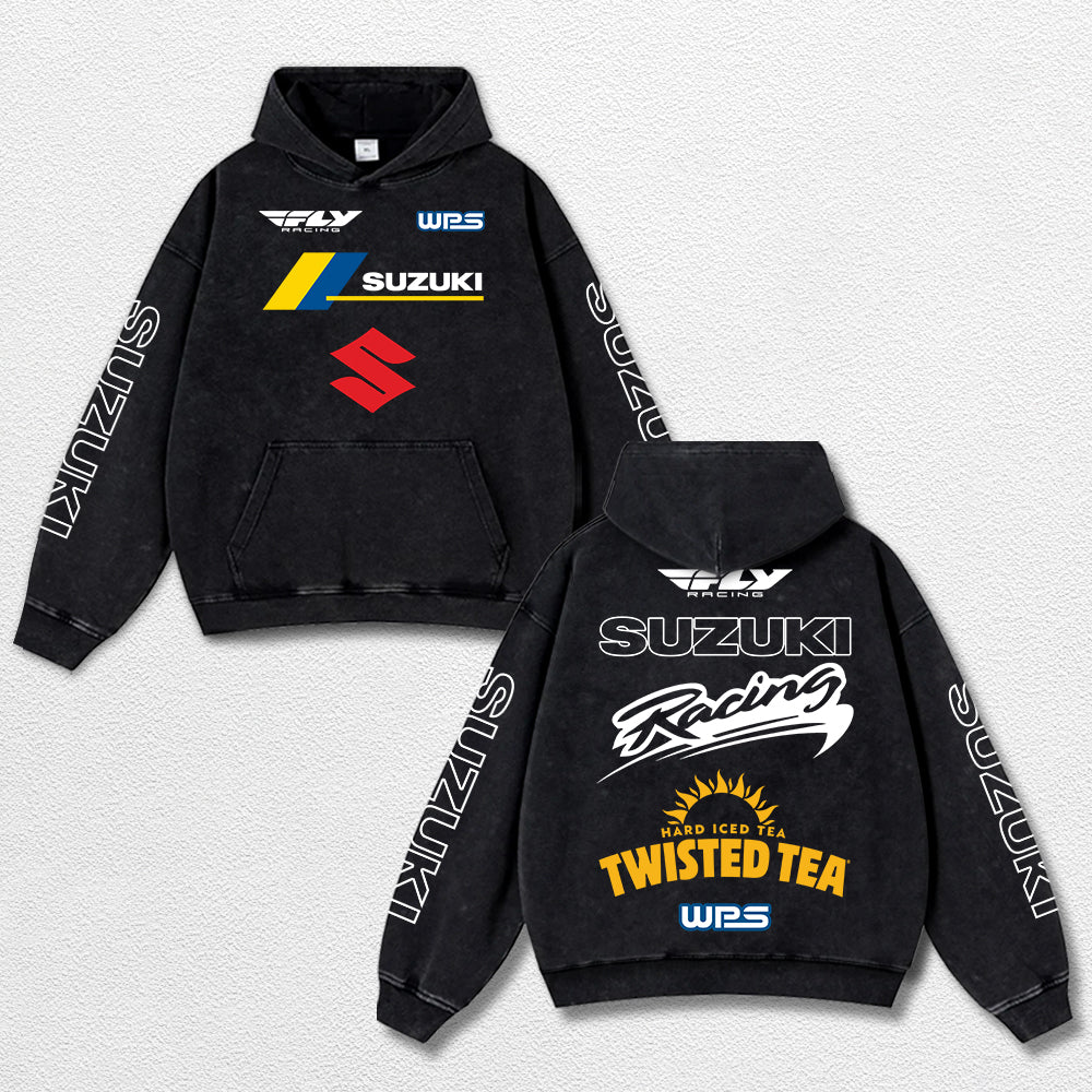 Retro Fly Suzuki Racing Washed Hoodie MotoGP World Champion Enthusiast Apparel Streetwear Racing Team Super Motorsports Clothing Riders Motocross Off-Road Dirt Bike Fan Gear Cotton For Moto Fan