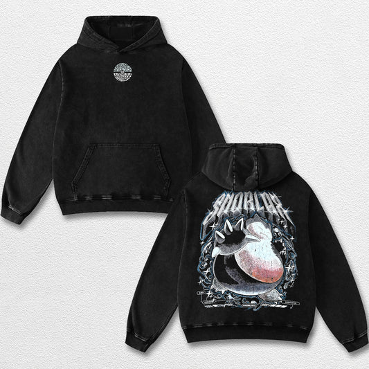 Retro Snorlax - Pokemon Oversize Lightweight Acid Washed Hoodie Sweatshirt Tee, Anime Graphic Design Unisex Top Cotton Streetwear Shirt Clothes