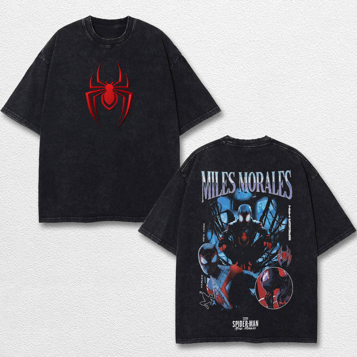 Miles Morales Spider-Verse Hero Comic Double Printed Oversize Lightweight Acid Washed Tee, Character Marrvel Comics TV Series Graphic Design Unisex Top Cotton Streetwear T-Shirt Clothes Menswear