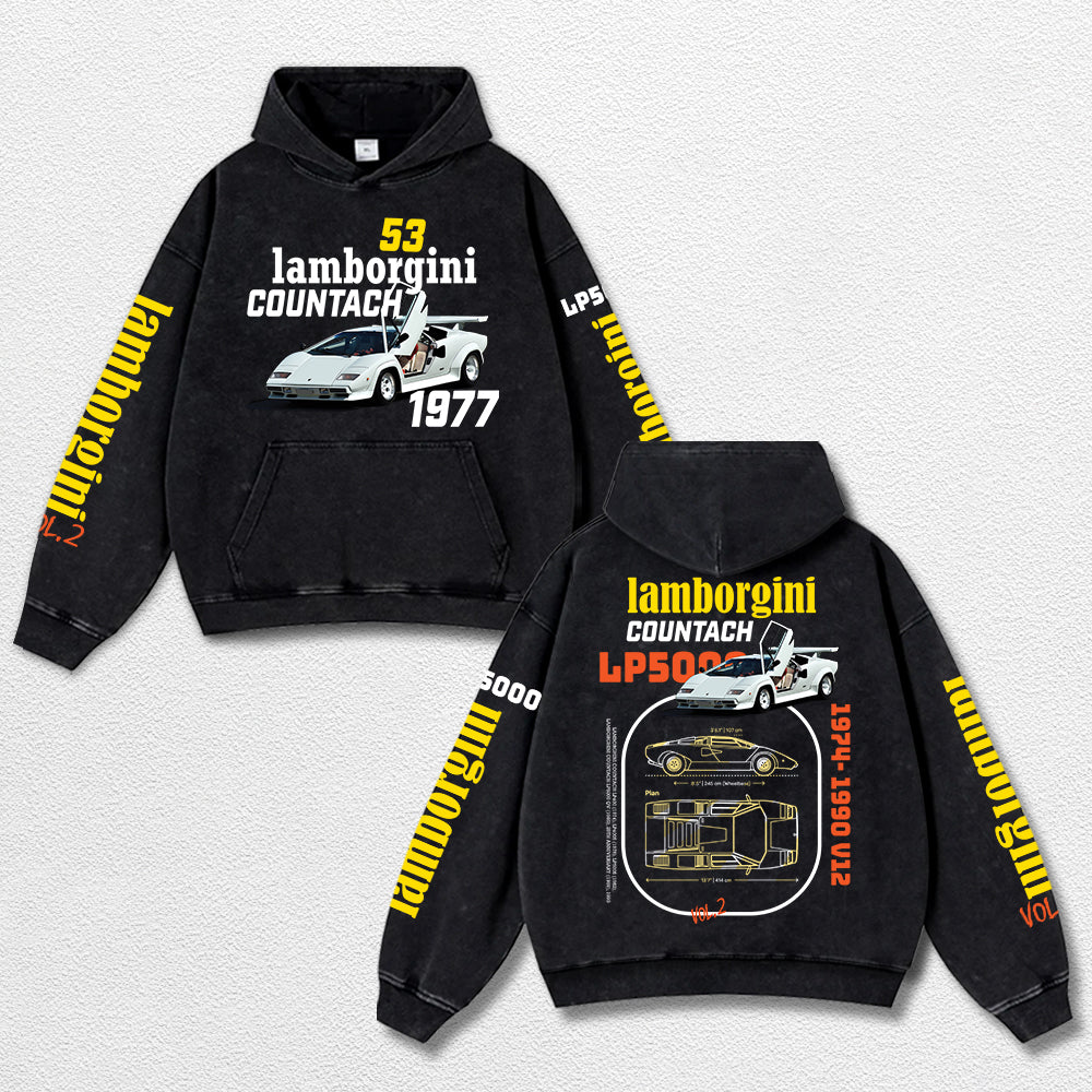 Retro Lamborgini Racing Washed Hoodie Fomula 1 World Champion Enthusiast Apparel Streetwear Racing Team Super Motorsports Clothing Riders Motocross Off-Road Dirt Bike Fan Gear Cotton For Moto Fan