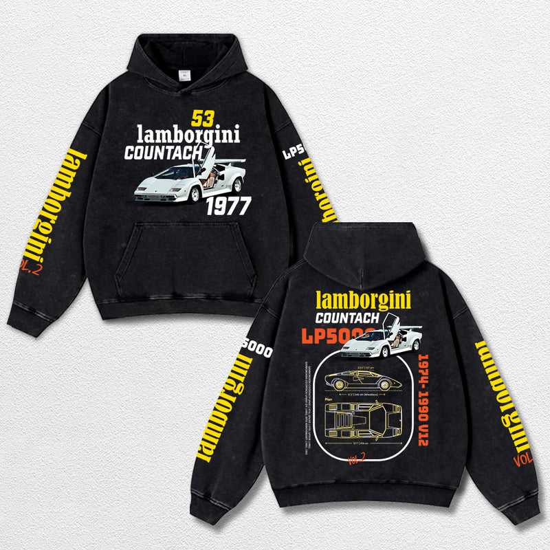 Retro Lamborgini Racing Washed Hoodie Fomula 1 World Champion Enthusiast Apparel Streetwear Racing Team Super Motorsports Clothing Riders Motocross Off-Road Dirt Bike Fan Gear Cotton For Moto Fan