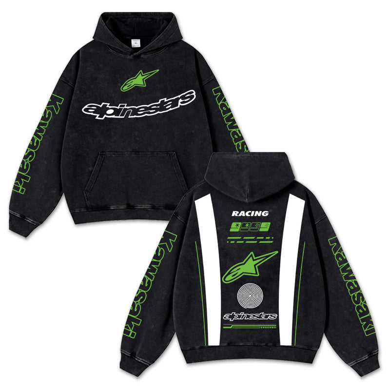 Retro Green Alpinestars Kawasaki Racing Washed Hoodie MotoGP World Champion Enthusiast Apparel Streetwear Akrapovic Arai Helmet Bell Helmet Racing Team Super Motorsports Clothing Riders Motocross Off-Road Dirt Bike Fan Gear Cotton For Moto Fan