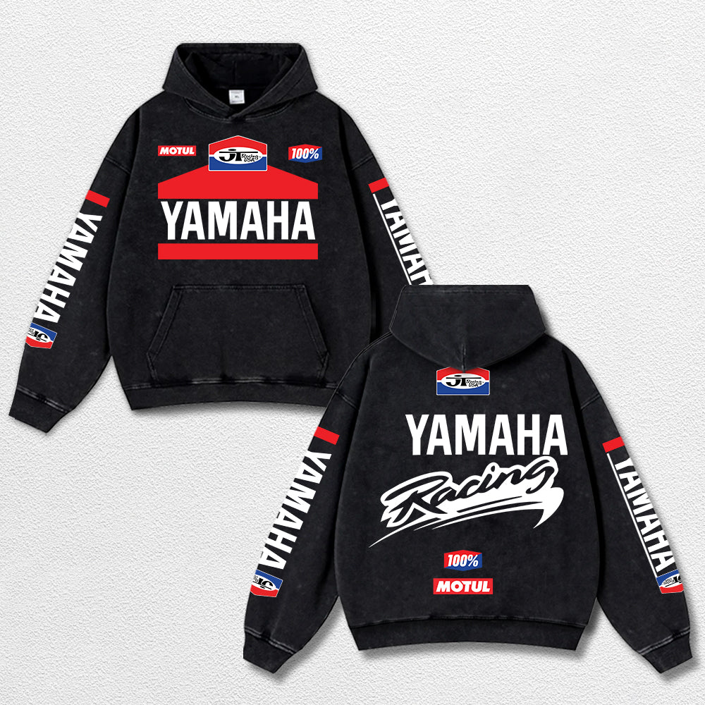 Retro JT Yamaha Racing Washed Hoodie MotoGP World Champion Enthusiast Apparel Streetwear Racing Team Super Motorsports Clothing Riders Motocross Off-Road Dirt Bike Fan Gear Cotton For Moto Fan