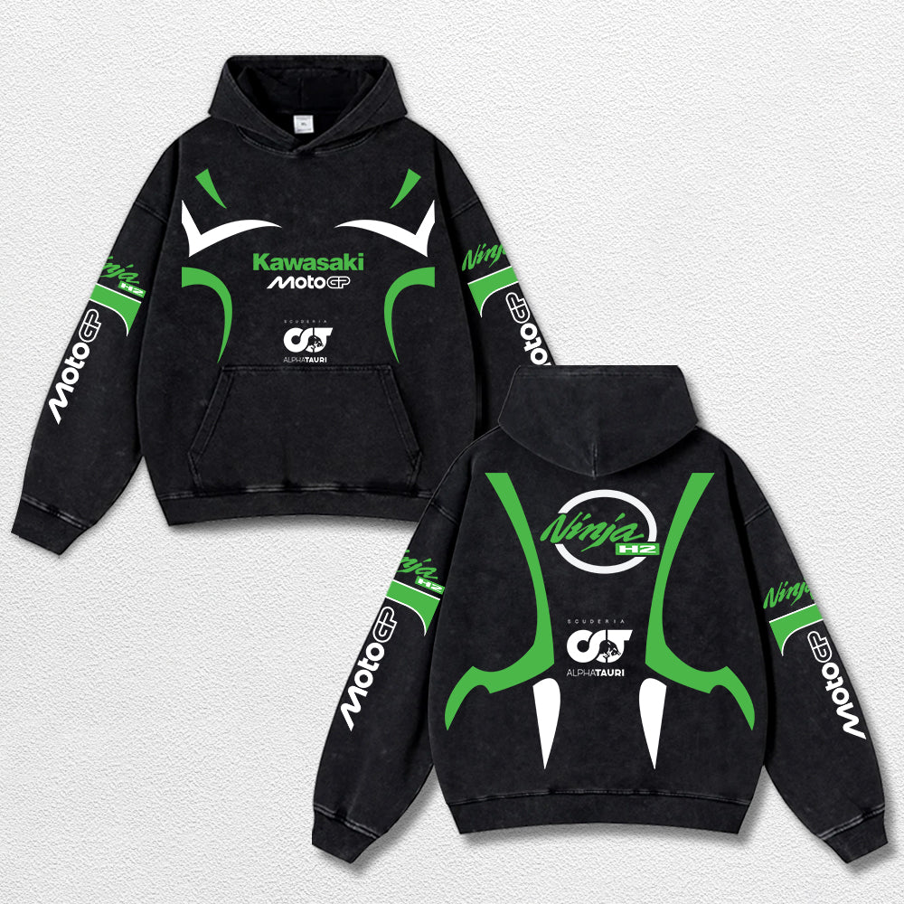 Retro Thunder Alphatauri Kawasaki Ninja H2 Racing Washed Hoodie MotoGP World Champion Enthusiast Apparel Streetwear Racing Team Super Motorsports Clothing Riders Motocross Off-Road Dirt Bike Fan Gear Cotton For Moto Fan