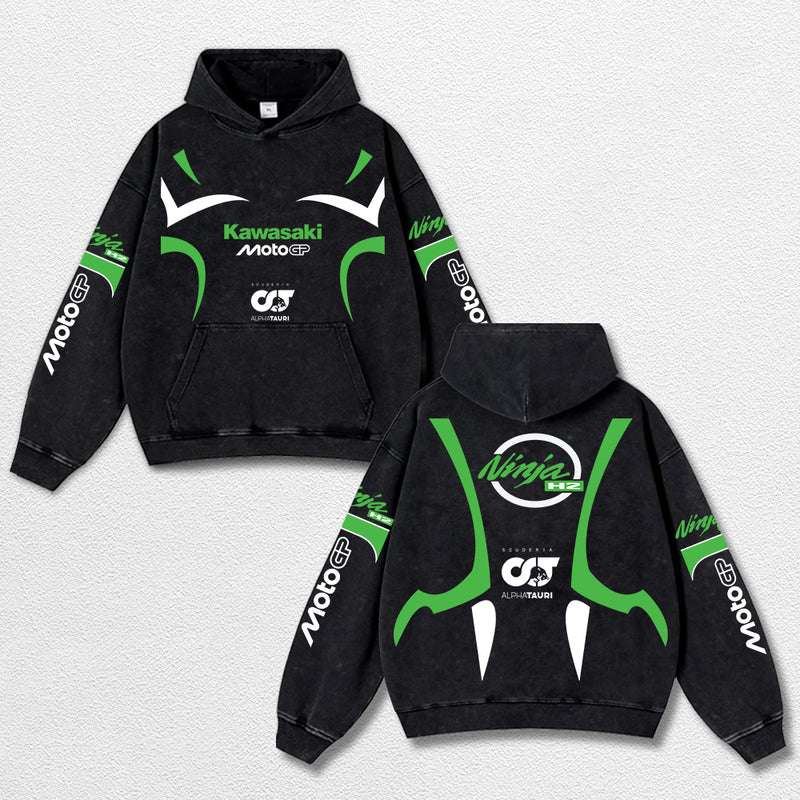 Retro Thunder Alphatauri Kawasaki Ninja H2 Racing Washed Hoodie MotoGP World Champion Enthusiast Apparel Streetwear Racing Team Super Motorsports Clothing Riders Motocross Off-Road Dirt Bike Fan Gear Cotton For Moto Fan