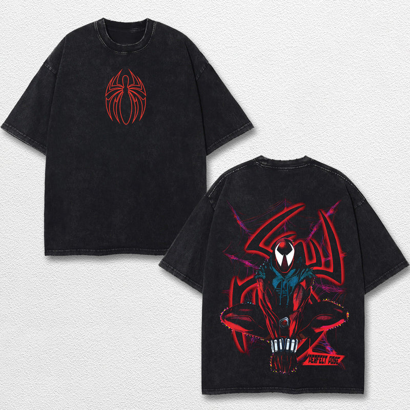 Spider Man Perfect Pose Hero Comic Double Printed Oversize Lightweight Acid Washed Tee, Character Marrvel Comics TV Series Graphic Design Unisex Top Cotton Streetwear T-Shirt Clothes Menswear