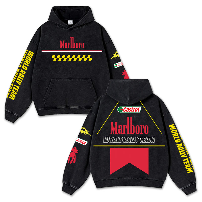Retro Marlboro World Rally Team Racing Washed Hoodie F1 World Champion Enthusiast Apparel Streetwear Racing Team Super Motorsports Clothing Riders Car Racing Off-Road Dirt Bike Fan Gear Cotton For Moto Fan