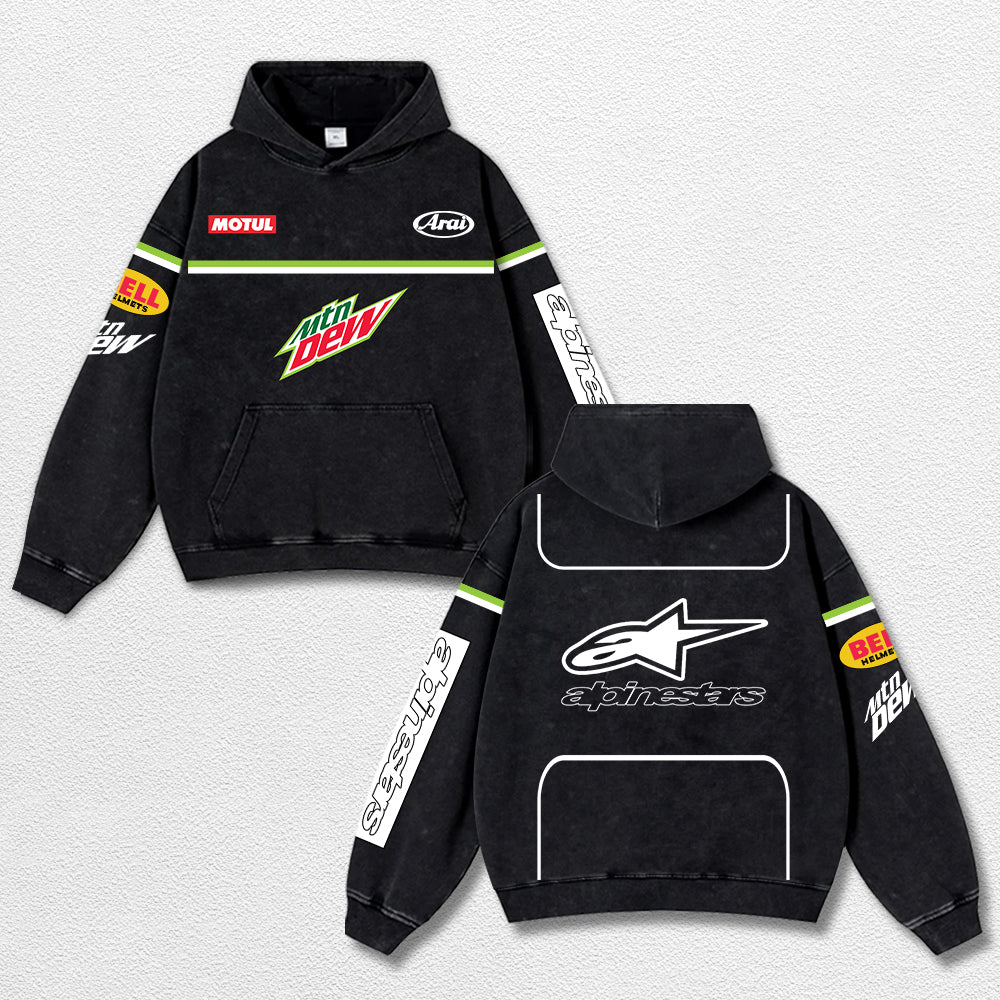 Retro Alpinestars Mountain Dew Racing Washed Hoodie MotoGP World Champion Enthusiast Apparel Streetwear Racing Team Super Motorsports Clothing Riders Motocross Off-Road Dirt Bike Fan Gear Cotton For Moto Fan