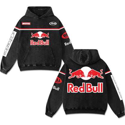 Retro Red Bull Racing Hoodie Black Acid Washed, Red Bull Emblem Motul Arai Bell Helmets Superbike Enthusiast, Motorsport Biker Graphic Streetwear, Heavyweight Sweatshirt, Retro Moto Gear Apparel Men’s Grunge Y2K Racing Jacket Style Oversized Clothes