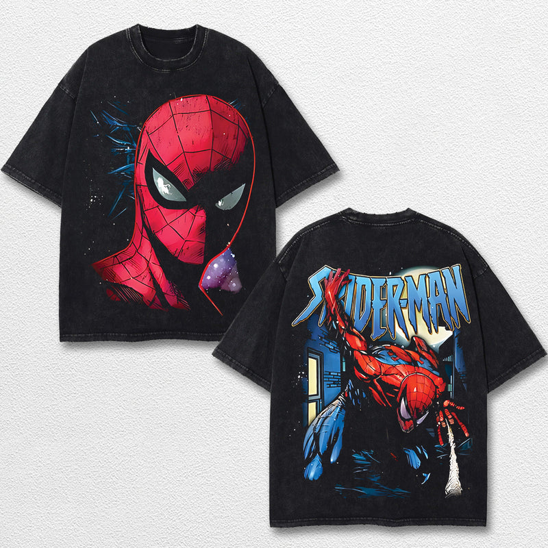 Spider Man Hero Comic Double Printed Oversize Lightweight Acid Washed Tee, Character Marrvel Comics TV Series Graphic Design Unisex Top Cotton Streetwear T-Shirt Clothes Menswear
