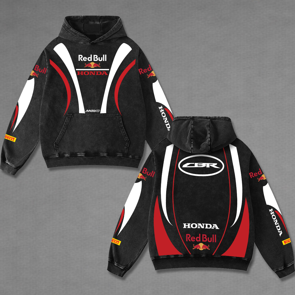 Redbull CBR Biker Hoodie Washed Vintage MotoGP Racing Streetwear, Motorcycle Graphic Hoodie Unisex, Designed for Motor Fans, Sportbike Culture, Speed Lovers & Urban Motorbike Style