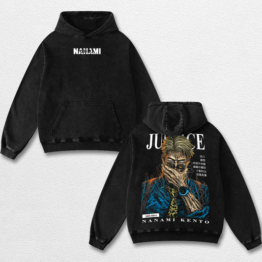 Retro Kento Nanami - Jujutsu Kaisen Oversize Lightweight Acid Washed Hoodie Sweatshirt Tee, Anime Graphic Design Unisex Top Cotton Streetwear Shirt Clothes