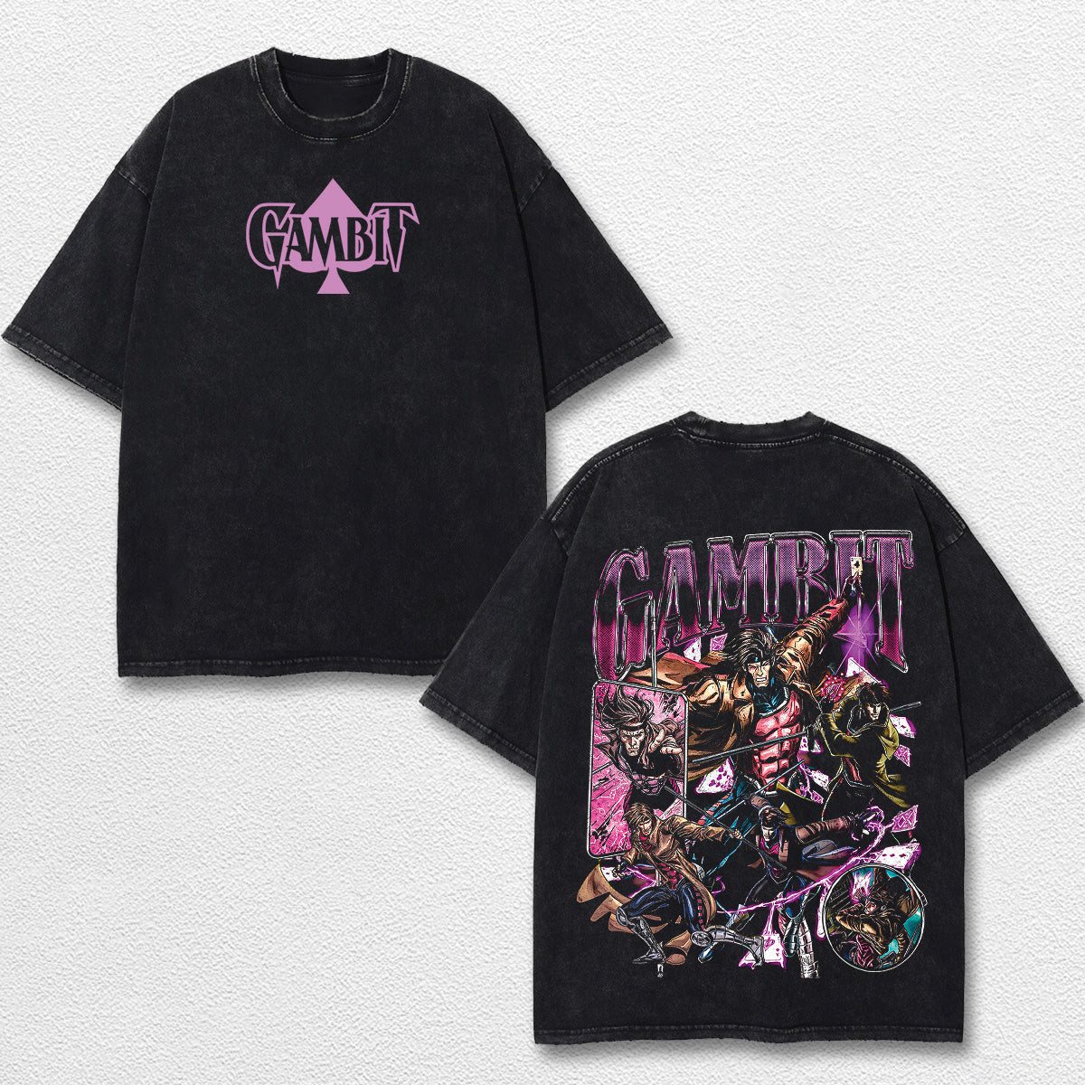 Gambit Xmen Hero Comic Double Printed Oversize Lightweight Acid Washed Tee, Character Marrvel Comics TV Series Graphic Design Unisex Top Cotton Streetwear T-Shirt Clothes Menswear