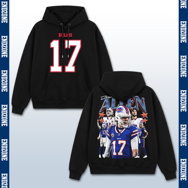 Josh Allen Buffalo Bills #17 Multi-Photo Action Vintage Graphic Hoodie Sweatshirt T-Shirt, NFL Football Season Apparel, J. Allen JA17 QB1 Legend Retro Streetwear Tee, Buffalo Football Fan Gift