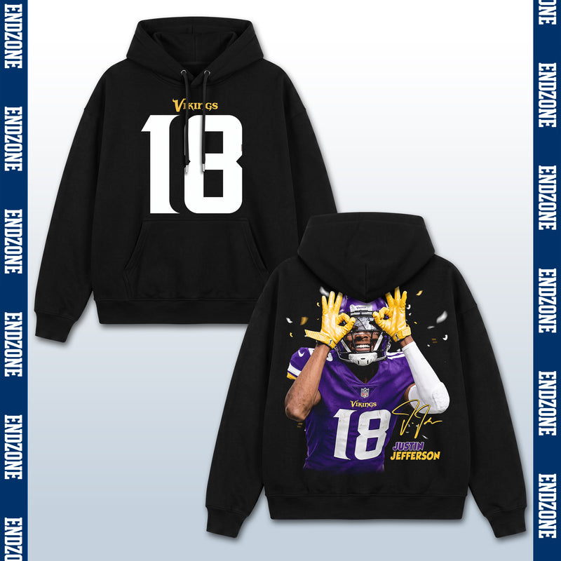 Justin Jefferson Minnesota Vikings #18 Griddy Celebration Vintage Graphic Hoodie Sweatshirt T-Shirt, NFL Football Season Apparel, J. Jefferson JJ18 Jetsetta Legend Retro Streetwear Tee, Minnesota Football Fan Gift