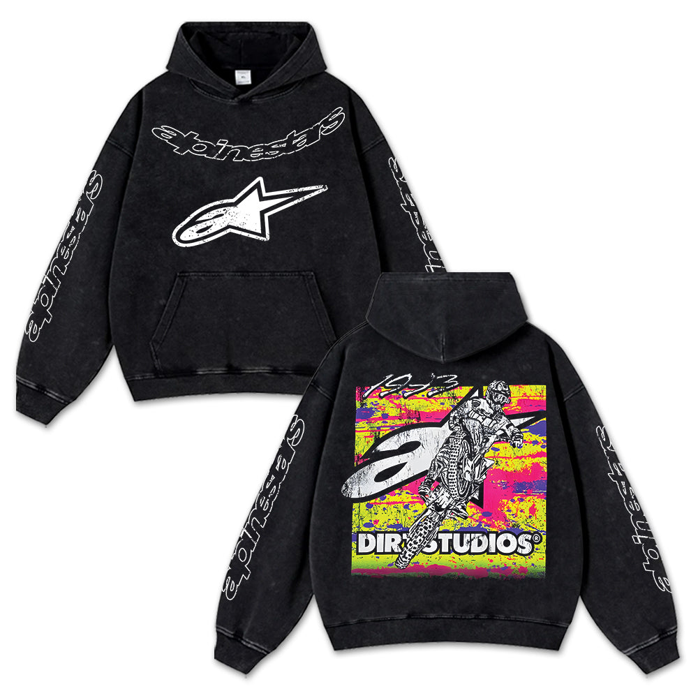 Retro Alpinestars Dirty 1993 Racing Washed Hoodie MotoGP World Champion Enthusiast Apparel Streetwear Racing Team Super Motorsports Clothing Riders Motocross Off-Road Dirt Bike Fan Gear Cotton For Moto Fan