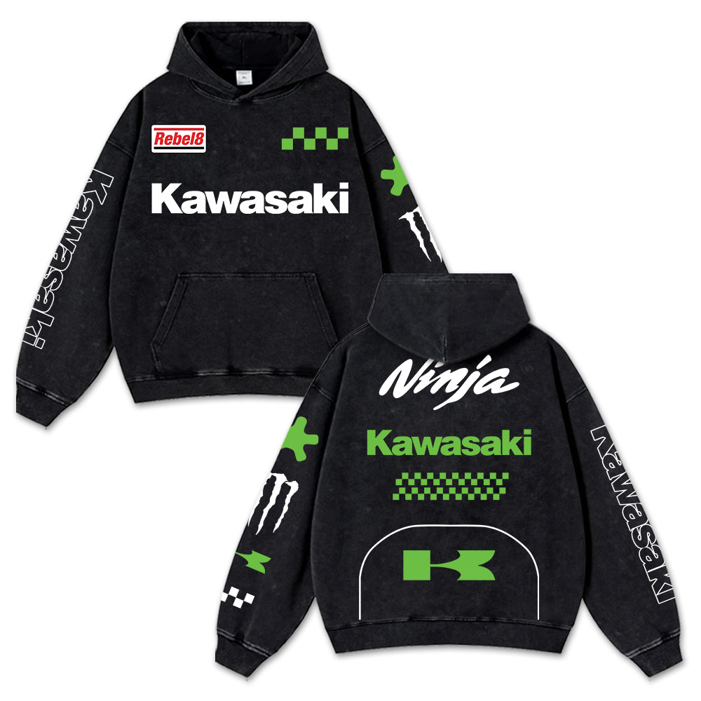 Retro Green Kawasaki Ninja Racing Washed Hoodie MotoGP World Champion Enthusiast Apparel Streetwear Racing Team Super Motorsports Clothing Riders Motocross Off-Road Dirt Bike Fan Gear Cotton For Moto Fan
