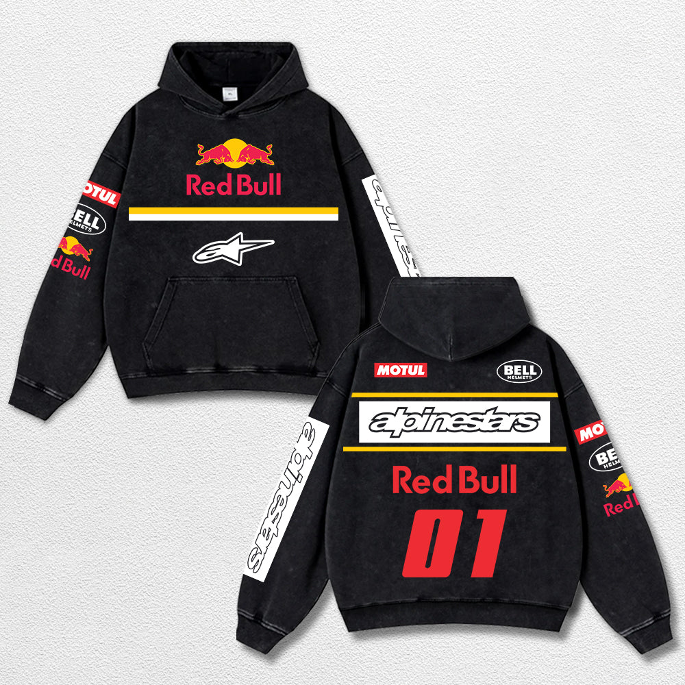 Retro Alpinestars Red Bull 01 Bell Helmets Racing Washed Hoodie MotoGP World Champion Enthusiast Apparel Streetwear Racing Team Super Motorsports Clothing Riders Motocross Off-Road Dirt Bike Fan Gear Cotton For Moto Fan