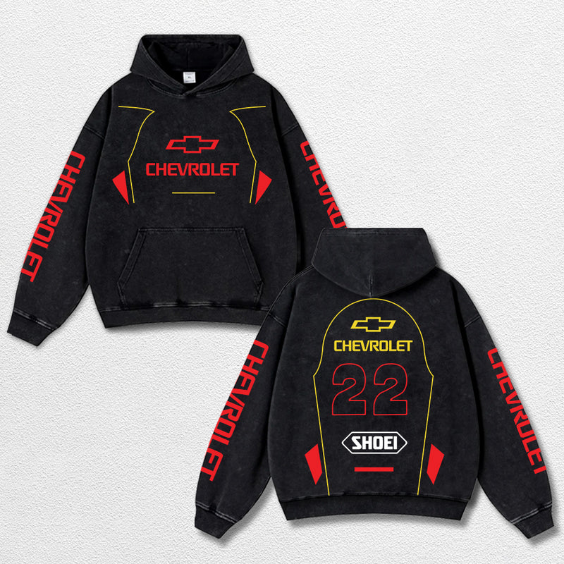 Retro 22 Chevrolet Racing Washed Hoodie MotoGP World Champion Enthusiast Apparel Streetwear Racing Team Super Motorsports Clothing Riders Motocross Off-Road Dirt Bike Fan Gear Cotton For Moto Fan