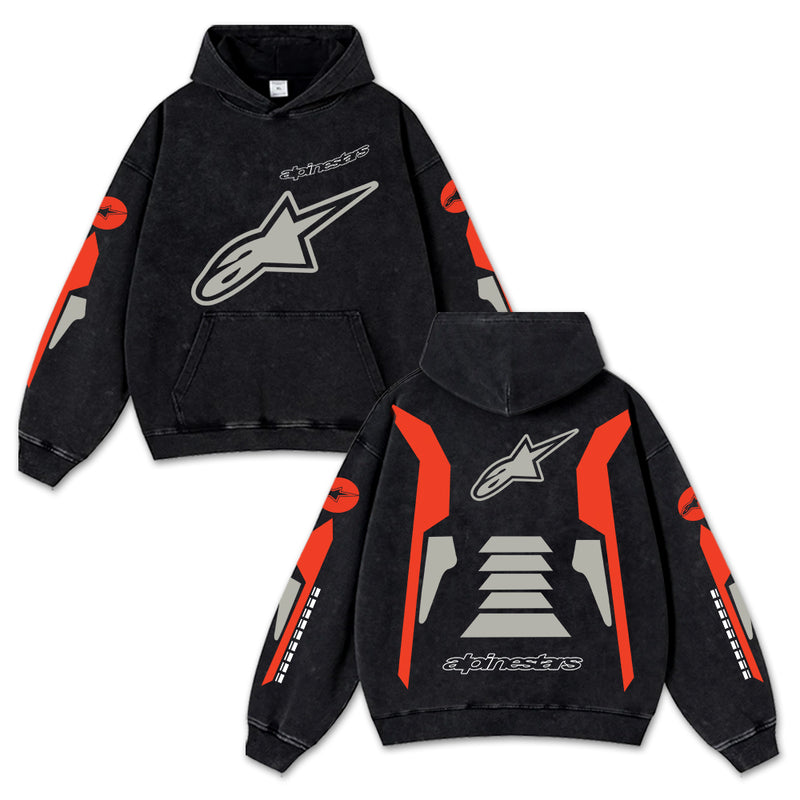 Retro Alpinestars Sport Racing Washed Hoodie MotoGP World Champion Enthusiast Apparel Streetwear Racing Team Super Motorsports Clothing Riders Motocross Off-Road Dirt Bike Fan Gear Cotton For Moto Fan